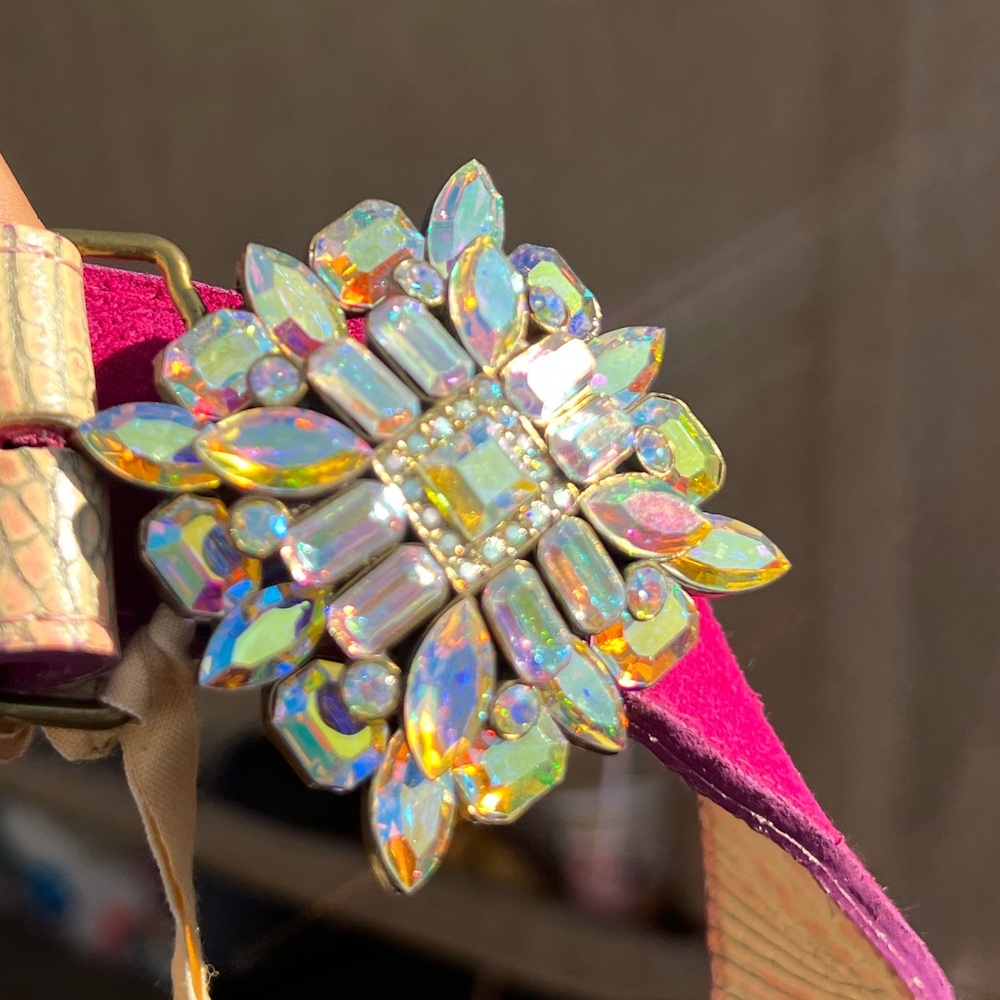 B-Low the Belt Pink Crocodile Aurora Borealis Rhinestone Flower Starburst RARE - Picture 2 of 12